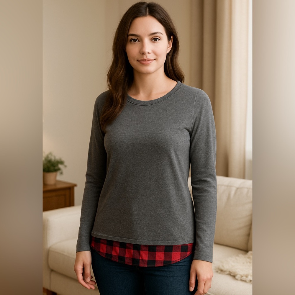 Faded Glory Women’s Gray Long Sleeve Top Tee with Plaid Hem Layered Look Size L - Picture 1 of 8